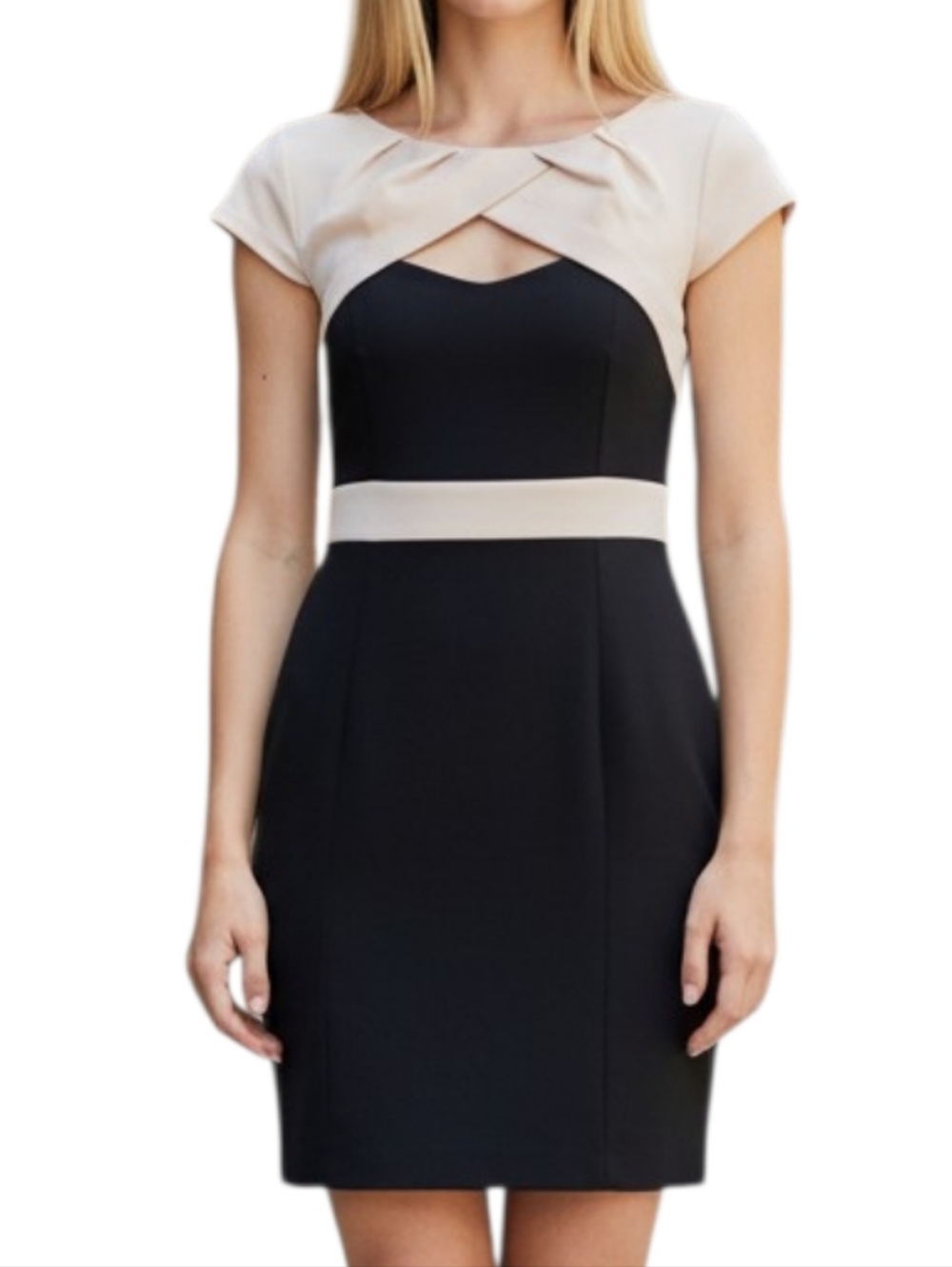 C. Luce Black and Cream Cutout Cap Sleeve Sheath Dress